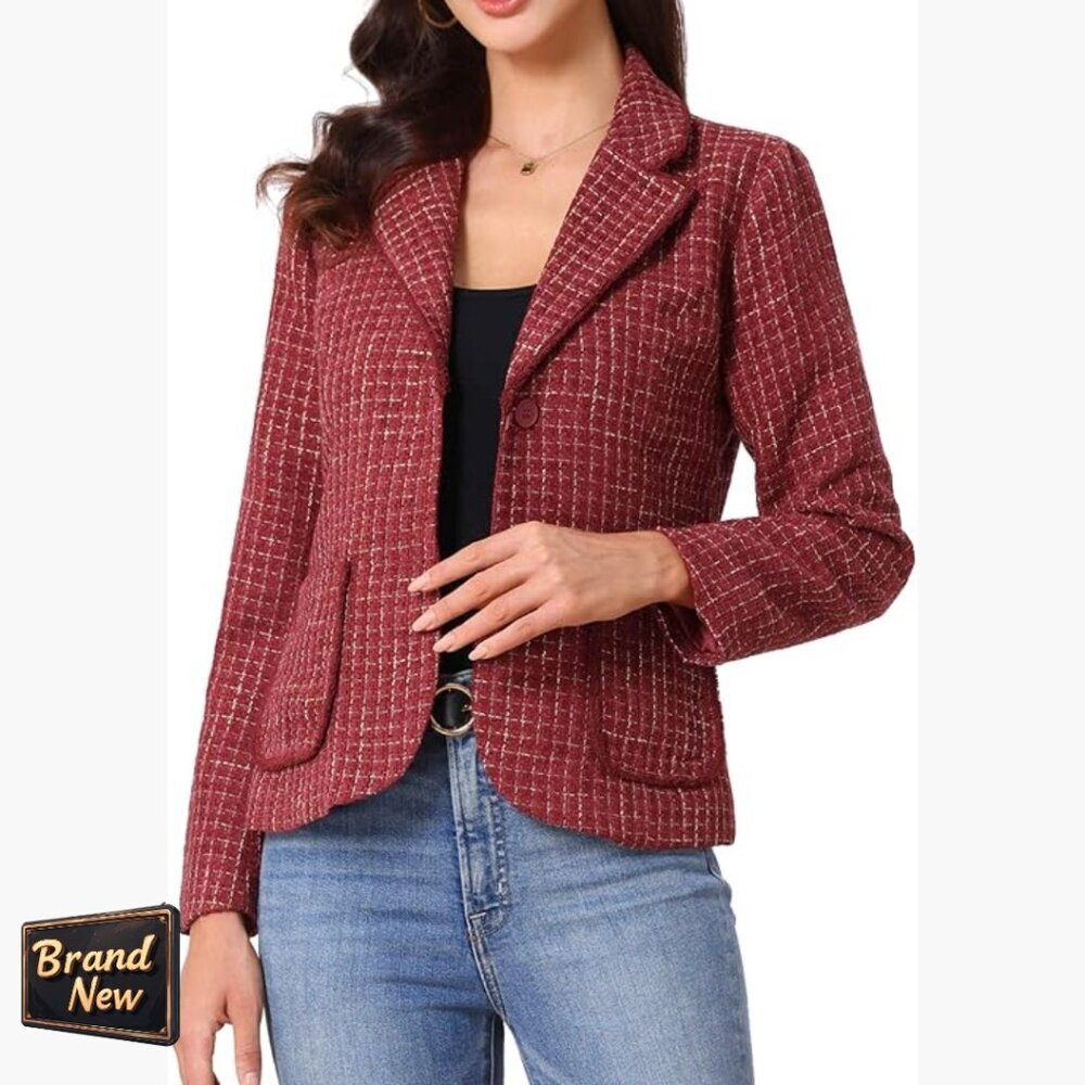 Tweed Blazer Notch Lapel Long Sleeve Business Casual Jacket Regular Fit